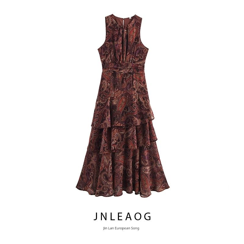 Jnleaog Spring New Arrival Women's Clothing Fashion Style French Fashion Design Print Chiffon Laminated Sleeveless Dress