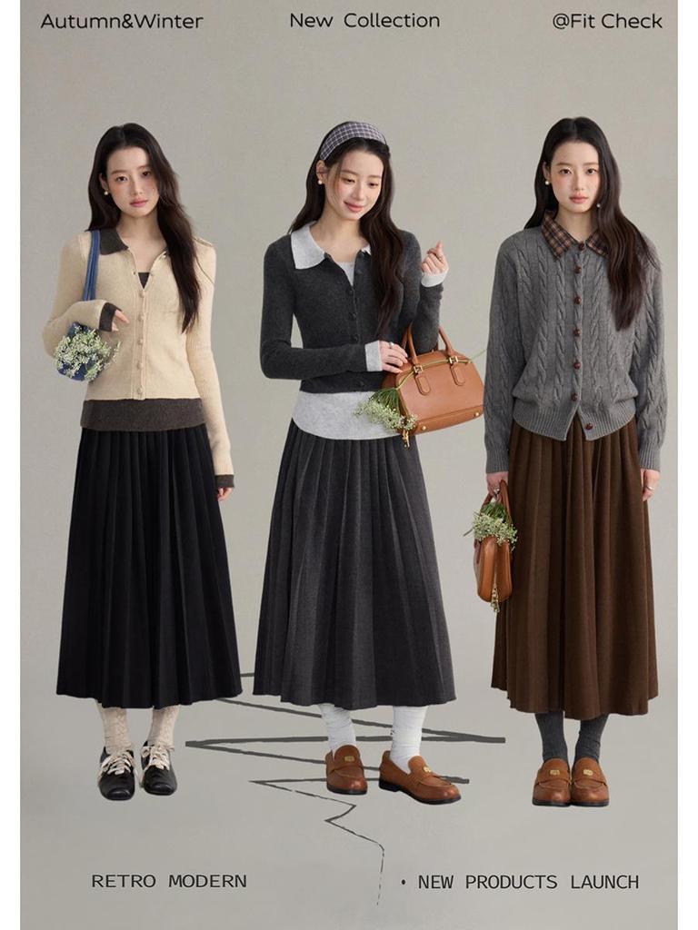 Ge Ming Retro High-Waisted Wool Pleated A-line Midi Skirt for Women - Winter Commute Style