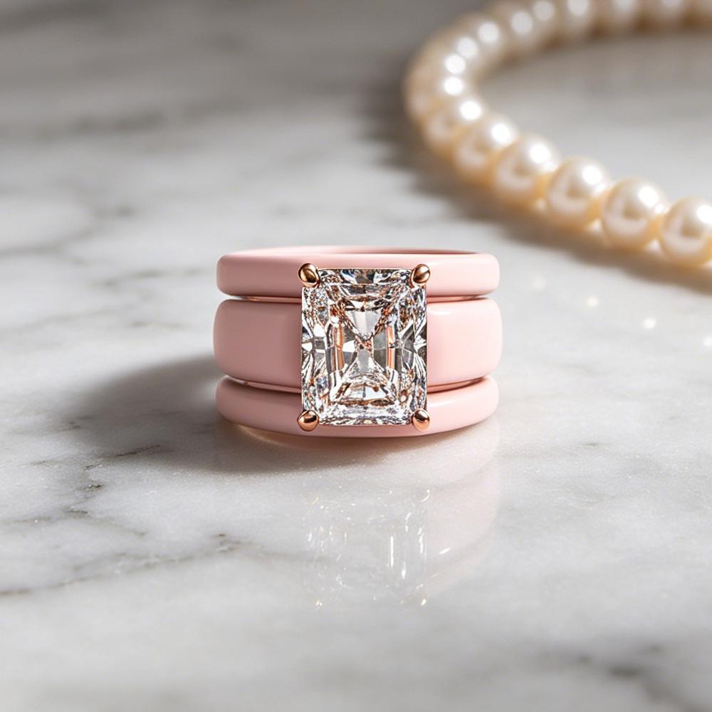 Radiant Cut Cubic Zirconia Ring with 3-Layer Pink Ceramic Band, Modern Chunky Rose Gold Plated Statement Ring, Bridal Promise Je
