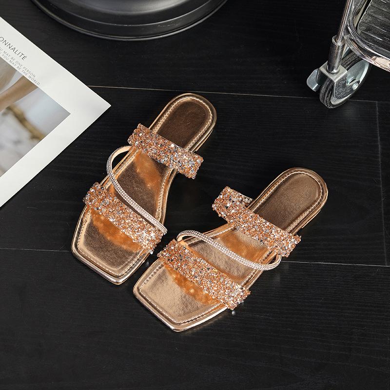 2026 Stylish European & American Silver Rhinestone Square Toe Flat Slides - Versatile Women's Summer Sandals