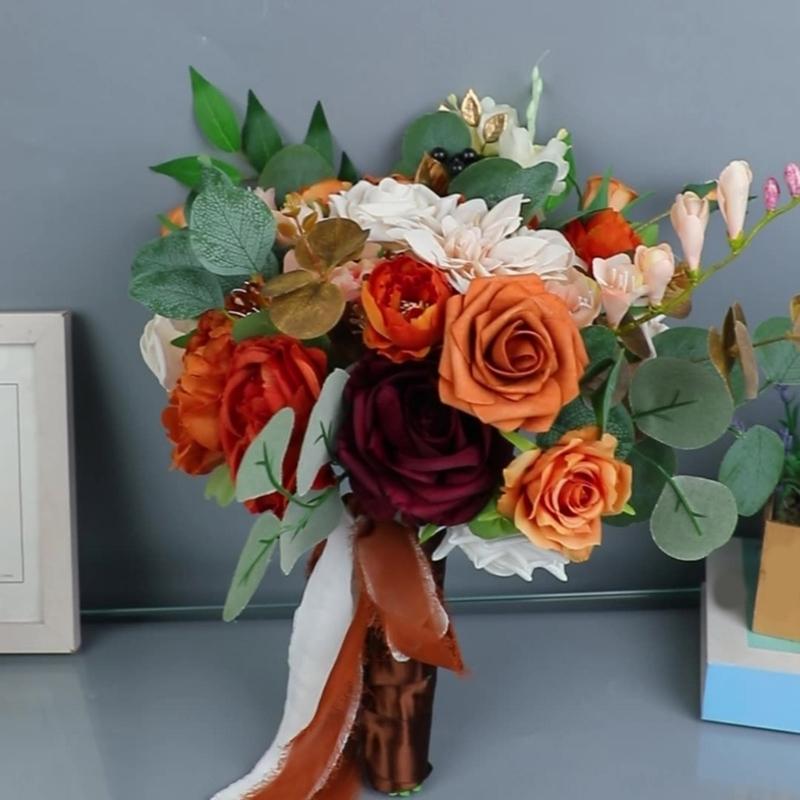 Realistic Caramel Bridal Bouquets Artificial Roses Fall Wedding Decoration Handmade Silk Flower For Home Elegant Party