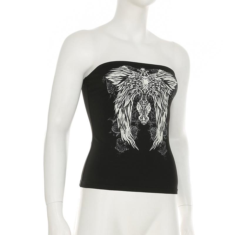 Gothic Print Black Tube Top Women Strapless Skinny Cropped Tops Summer Casual Chic Graphic Tees Y2k Streetwear Vest Basic