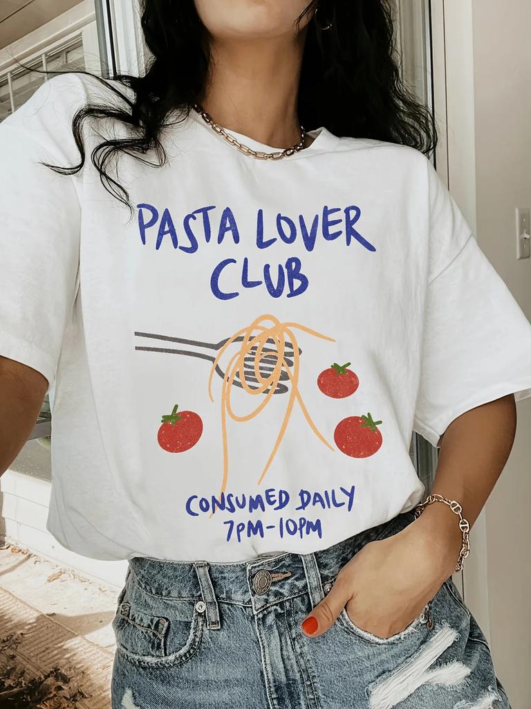 Women's Pasta Lover Club Pattern T-shirt with Retro Fruit Print Short Sleeved Fashion Top, Oversized Harajuku Y2k Streetwear