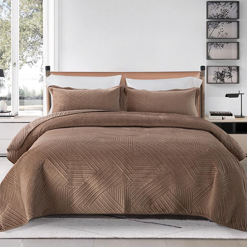 Solid Color Crystal Velvet Quilted Bedspread 3-Piece Set - Casual Home Bedding Blanket
