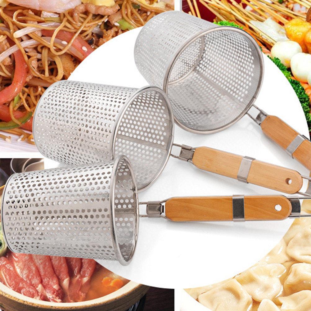 Stainless Steel Strainer Basket Wooden Handle 14Cm Fine Mesh Food Skimmer Pasta Dumpling Noodle Kitchen Sieve Rust Resistant
