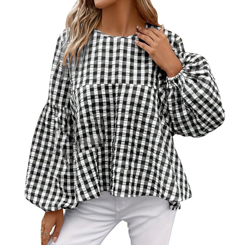 

Женский повседневный свободный топ в клетку с рукавами-фонариками на весну и осень XXL белый/чёрный