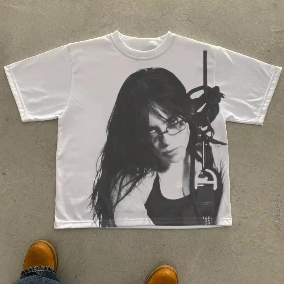 

Summer Vintage Unisex Women Graffiti Billie Eilish Print Short Sleeve Cotton TShirt Unisex Women Casual Retro Y2K Tee Fashion Tops 4XL