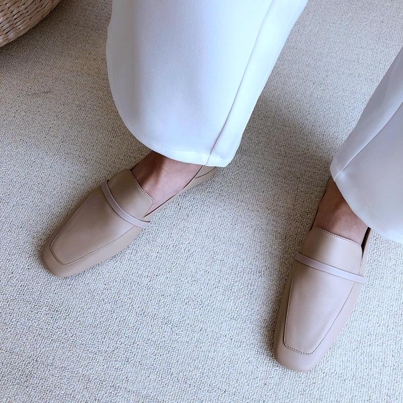 Cow Leather Square Toe Women Flats Casual Loafers Women Shoe Without Heel 2024 New Spring Autumn Mules Woman Simple White Shoes