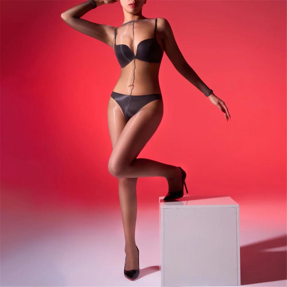 Slip Bodystocking Women'S Thin Sheer Oil Shiny Jumpsuit Sexy Open Crotch Bodysuit Woman Tights Shape Wear Nightclub Dance