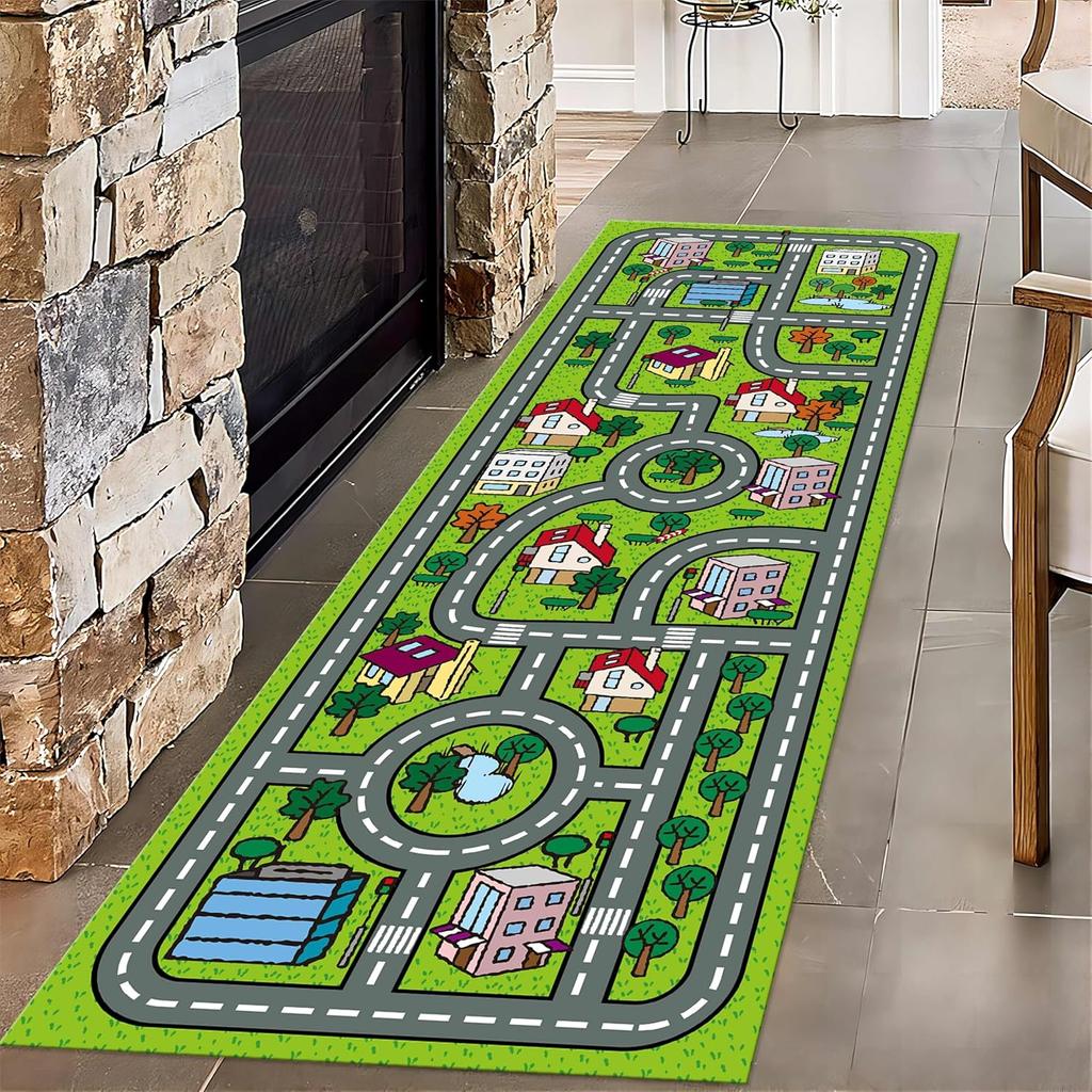 Kids City Road Runner Rug Colorful Cartoon Town Pattern Floormat Airplane Runway Children's Playroom Anti-Slip Rug