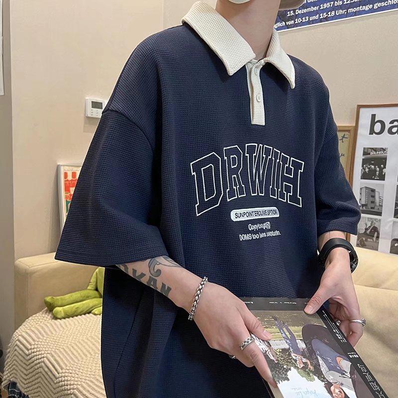 T-shirt z krótkim rękawem w stylu Harajuku z waflowym kołnierzykiem polo, modny top w stylu Hong Kong Chic na lato 2022