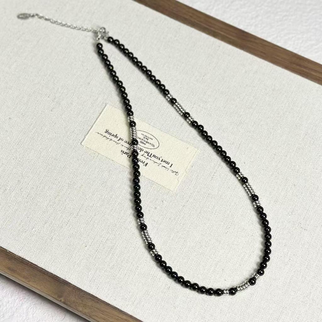 Niche Design Black Spinel & Freshwater Pearl Necklace in Titanium Steel