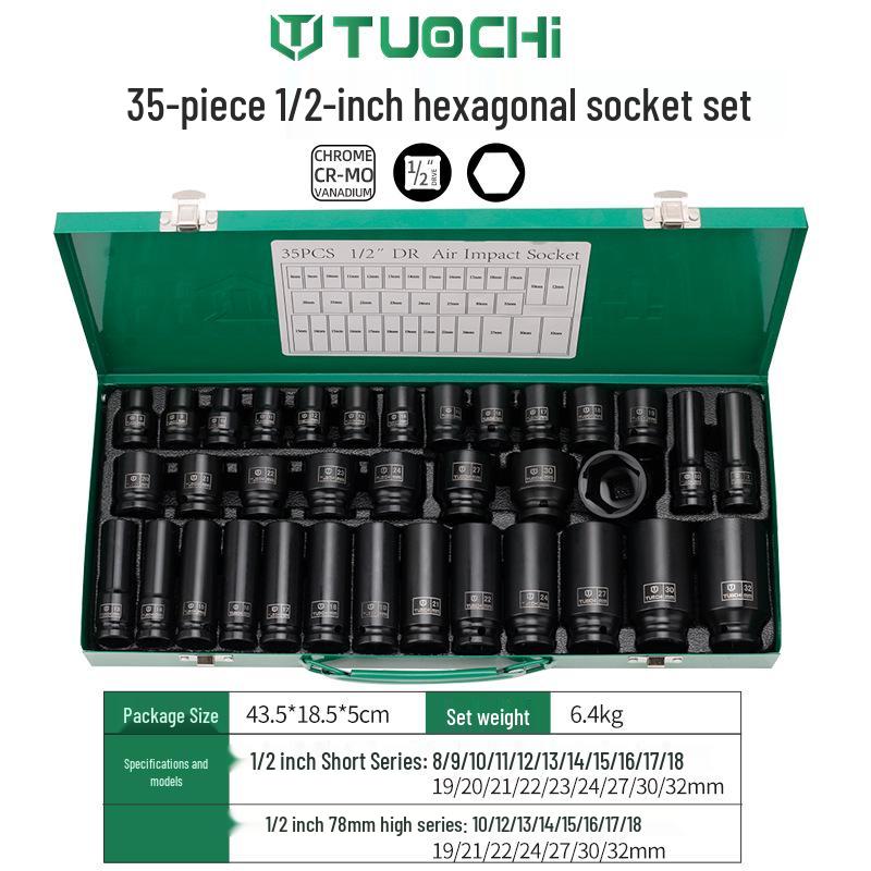 35-Piece 1/2\  Extended Hex Pneumatic Air Wrench Set with Torx Socket Heads (8-32mm) in Iron Box