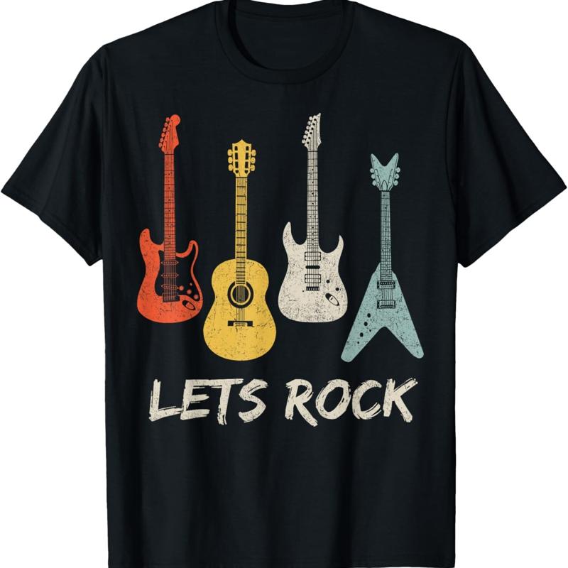 

Lets Rock n Roll Guitar Retro T Shirt - Men s Summer Cotton Graphic Tee S