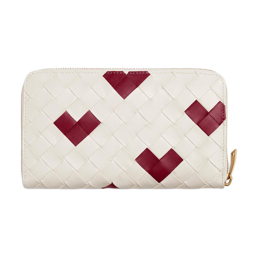 Bottega Veneta Intrecciato Woven Heart Design Zipper Around Leather Wallet Women Wallet Chalk-White Deep-Red 814674V57O39140