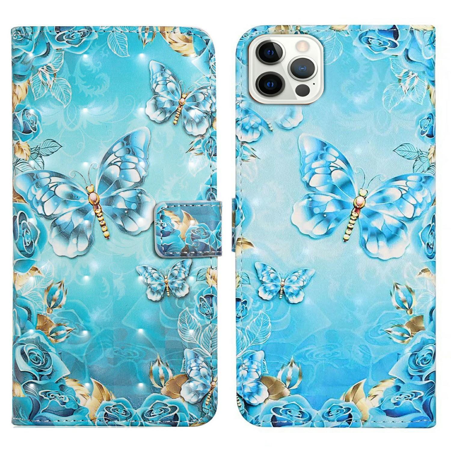 

For iPhone 16 Pro Case 3D Pattern Leather Wallet Phone Cover Bookstyle Magnetic Clasp Blue Butterfly
