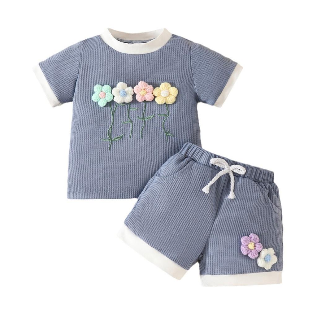 Kinderkleidung Kinder Sommer Rundhalsausschnitt Farbe Kurzarm Dreidimensionale Blume 2-teiliges Set