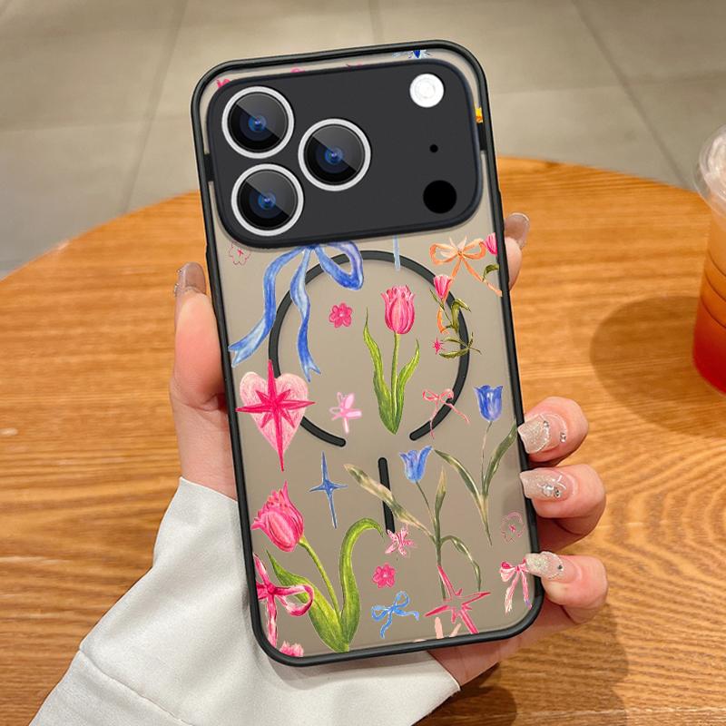 Translucent Matte Magnetic Case For iPhone 17 16 15 Pro 14 13 Pro Max 16e 17e For Magsafe Floral Pattern Hard PC Phone Cover