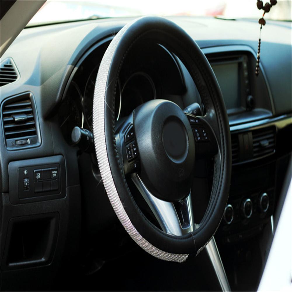 Schwarz 15'' 38cm PU Leder Kristall Auto Lenkradbezug mit Bling Strass