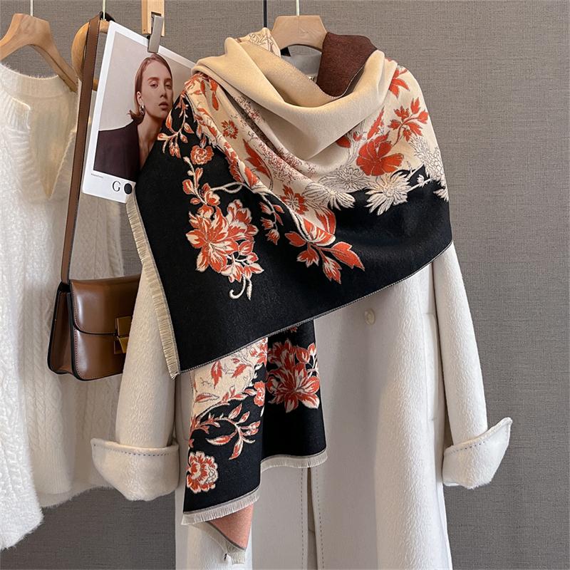 Winter New Luxury Two-Sided Faux Cashmere Scarf Women Floral Print Outdoor Warm Thick Shawl Soft Muffler Neckerchief