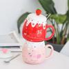 Pink Color Coffee Mug With Lid Porcelain Mug Cute Design Strawberry Mug  Breakfast Use