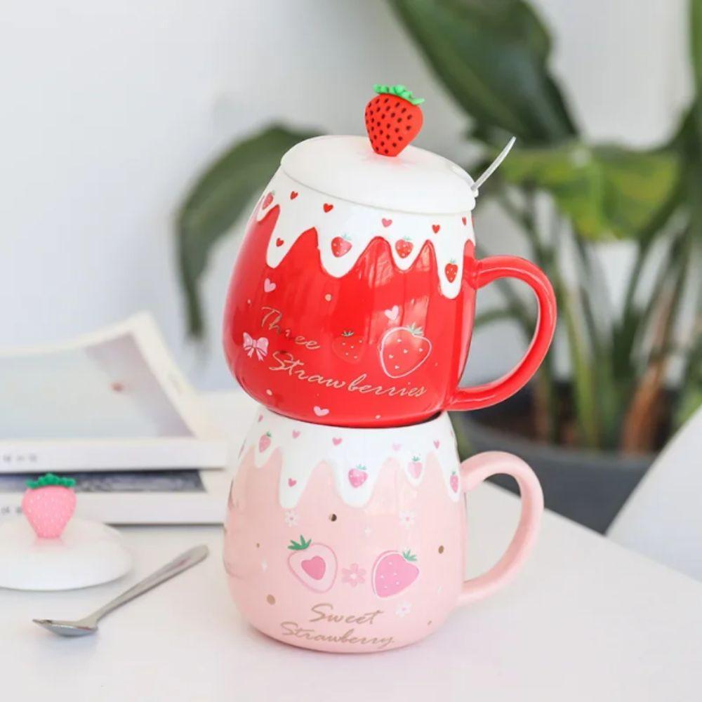 Pink Color Coffee Mug With Lid Porcelain Mug Cute Design Strawberry Mug Breakfast Use