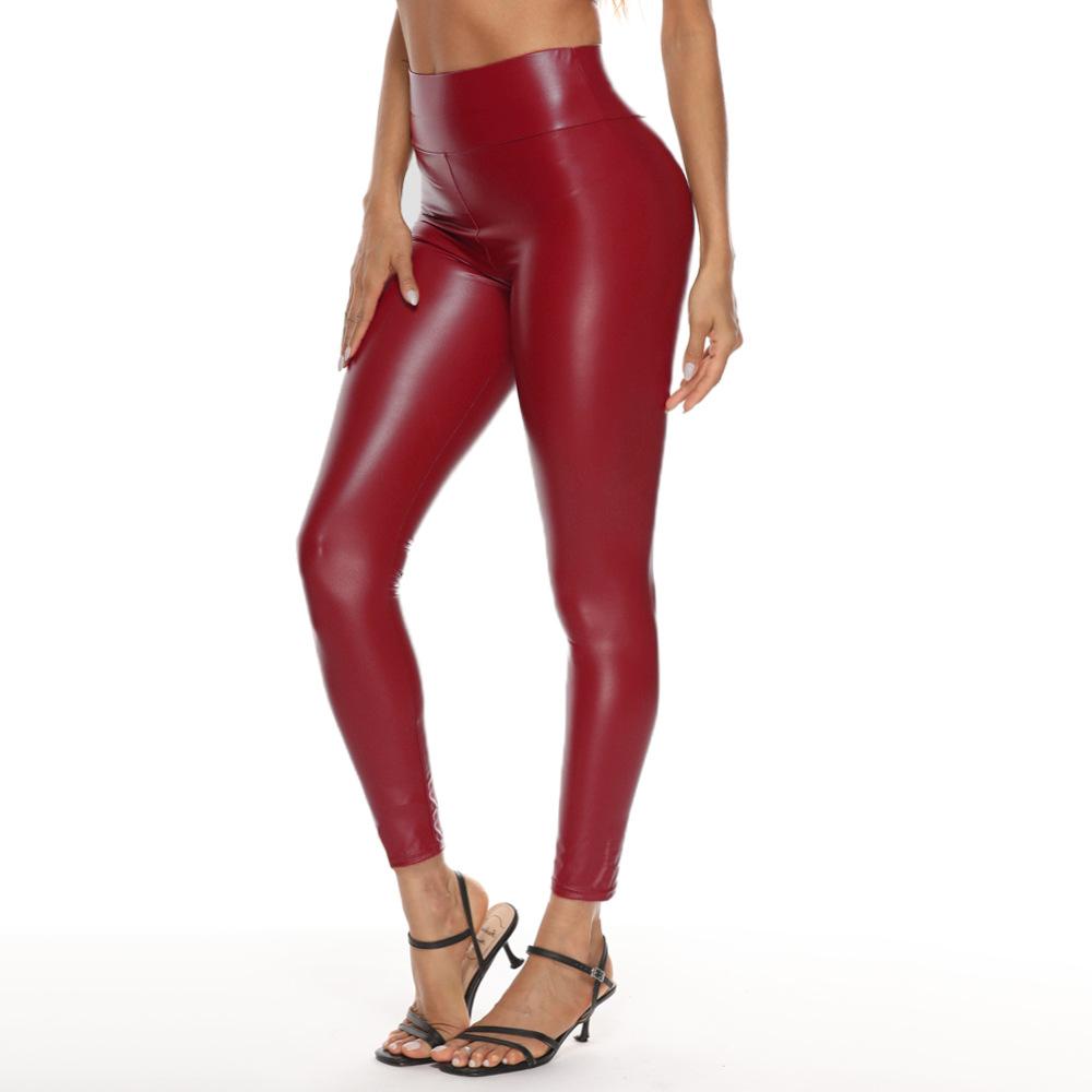 Women s High Waist PU Leather Leggings Skinny Fit Solid Color Stretch Pants S бордовый