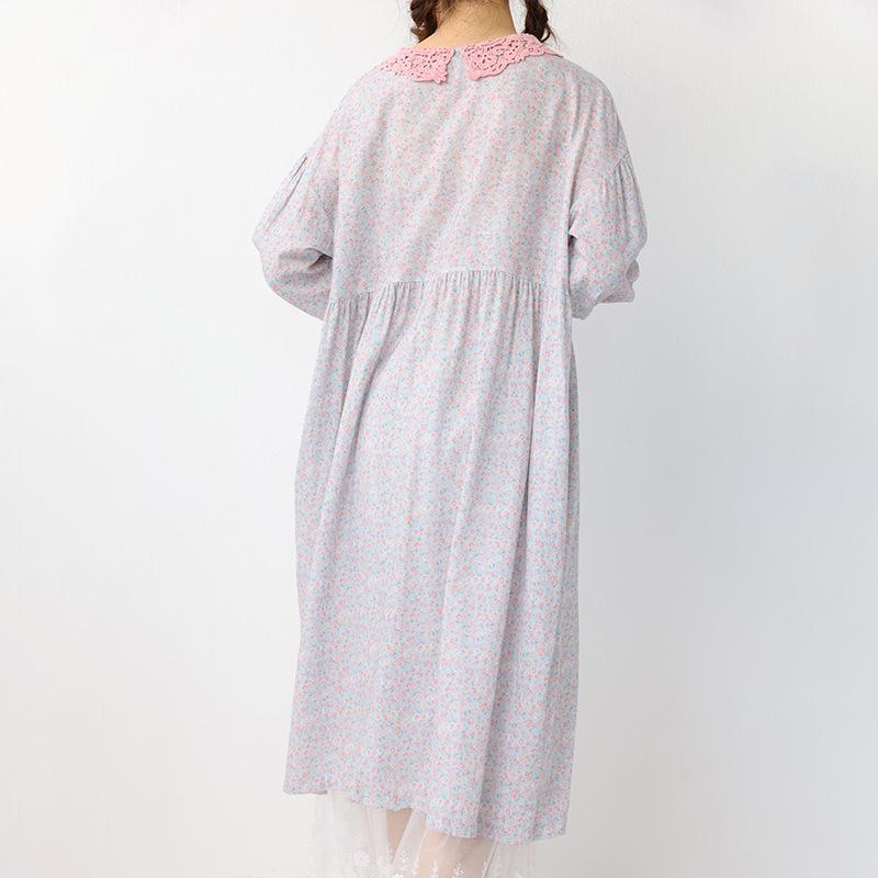 Women's Floral Print Lace-up Doll Collar Cotton Linen Long Sleeve Loose Plus Size Spring Dress