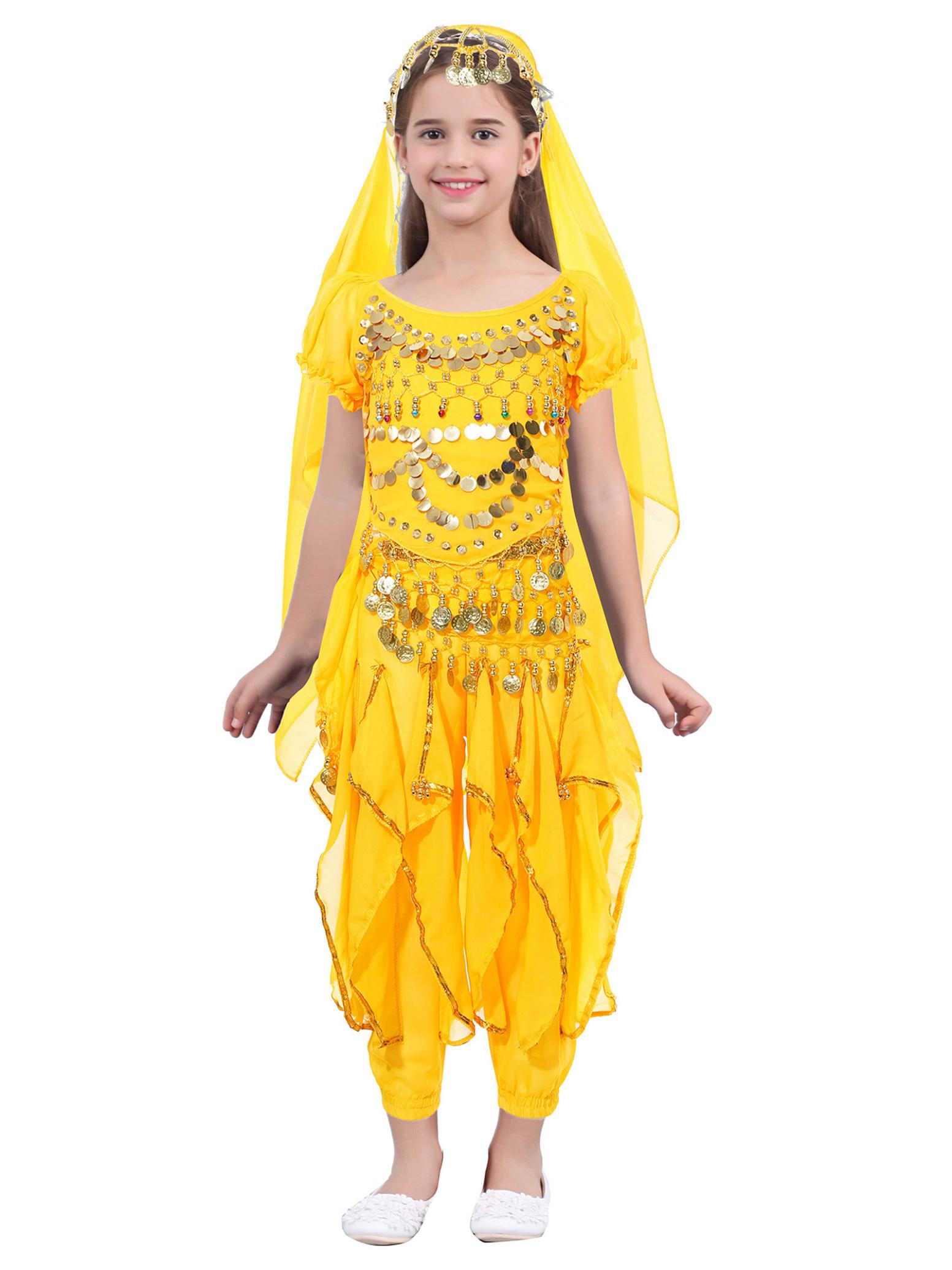 

Детский костюм для танца живота для девочек, укороченный топ со шнуровкой сзади и пышными рукавами, брюки с рюшами, набедренный платок, головной платок жёлтый