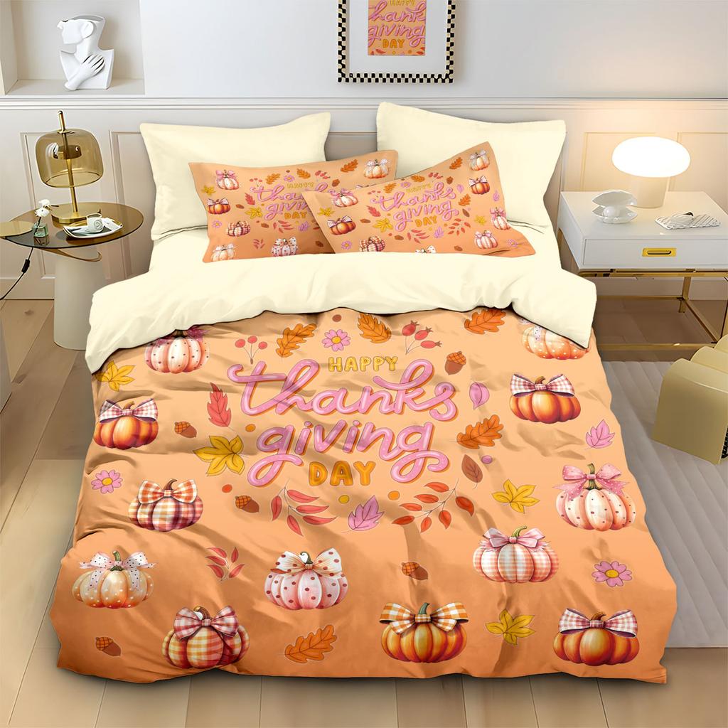 Thanksgiving Quilt Cover Three-Piece Pumpkin 3D Printed Bedding Polyester Pillow Cover Quilt Cover