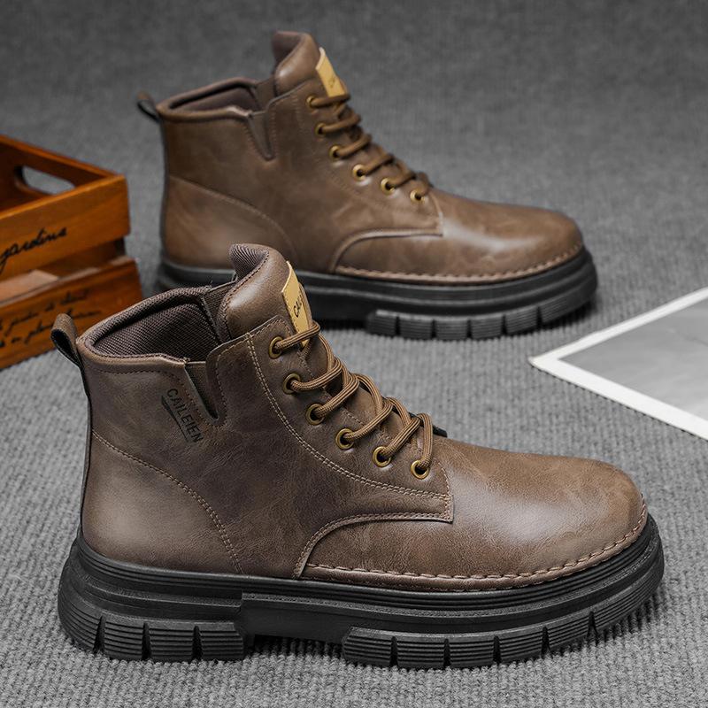 Men Vintage Work Shoes Autumn Winter New Non Slip Comfortable Platform Leather Shoes Fashion Lace Up Height Increase Short Boots 39 коричневый 3260₽