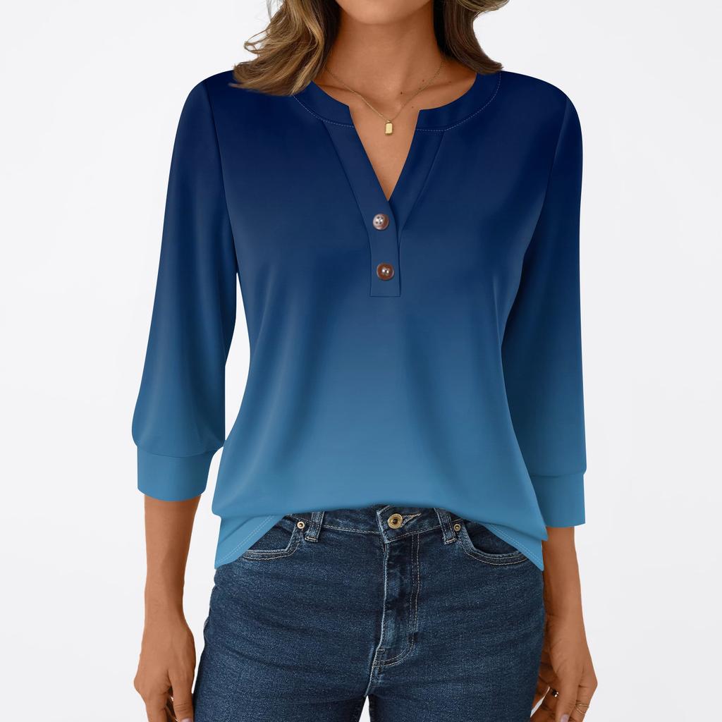 Women's Fashion Casual 3/4 Sleeve T-Shirt Prints V-Neck Button Top