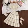 Sweet Girls' Set: Spring/Summer Children's Fashion Off-Shoulder Short-Sleeve Top with High-Waisted Wavy Lace Skirt
