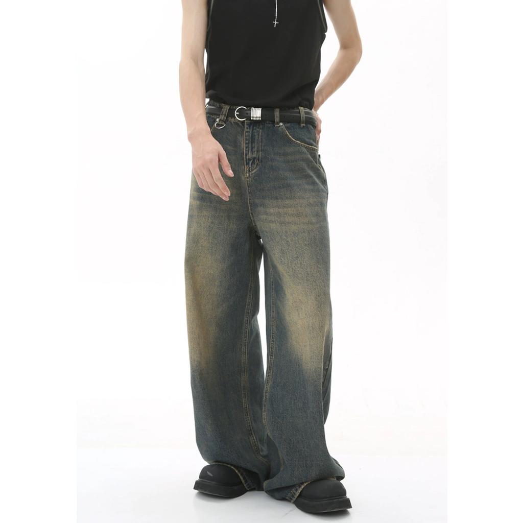 Unisex Four Season Vintage Hong Kong Style Distressed Loose Wide Leg Mop Jeans
