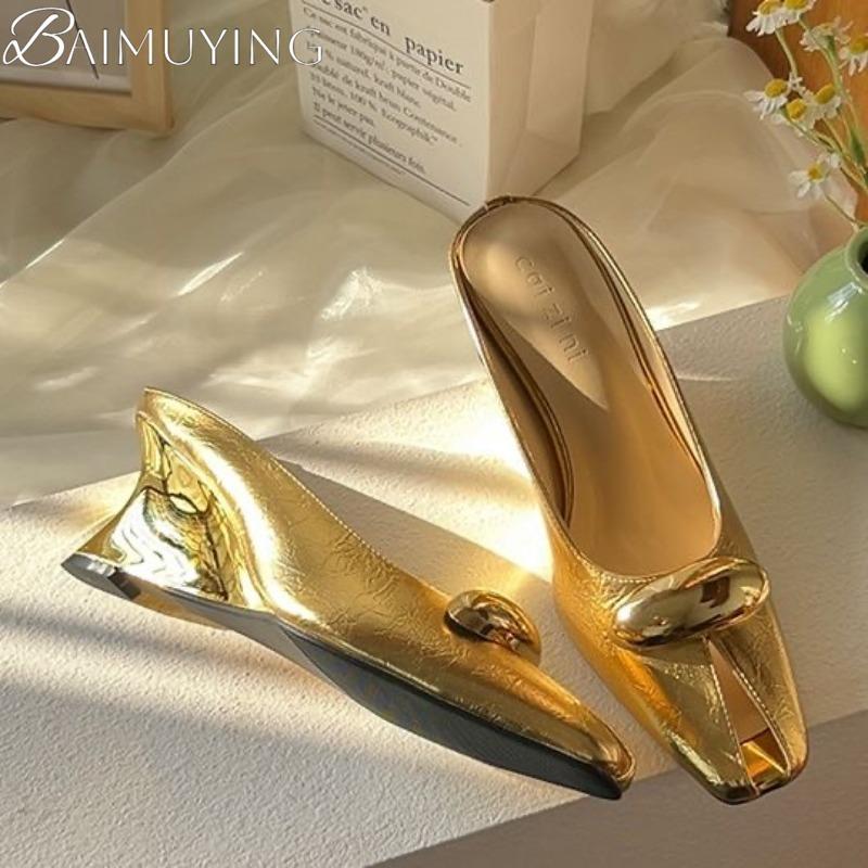 Fashion Square Toe Women Slippers Mules Sandals High Heels Shoes Woman Loafers 2025 Trend Designer Summer Shallow Soft Leather Slides