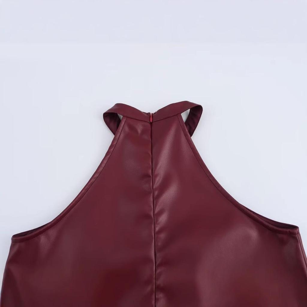 European & American Style 2025 Spring Women's Sleeveless PU Halter Dress