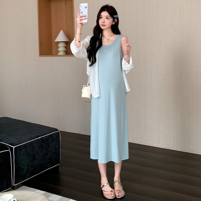 2026 Summer Maternity Tencel Striped Shirt & Bow Embroidery Cotton Vest Dress Set Medium