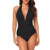 Maillot de bain une pièce pour femme Col bénitier Design plissé Décolleté en V profond Tissu extensible Maillot de bain