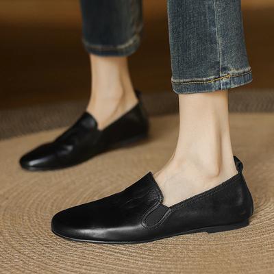 Moda Primavera 2025 Zapatos de Mujer Punta Redonda Tacón Grueso Zapatos Planos de Mujer Zapatos de Mujer Cuero Genuino Mocasines Retro Zapatos de Mujer