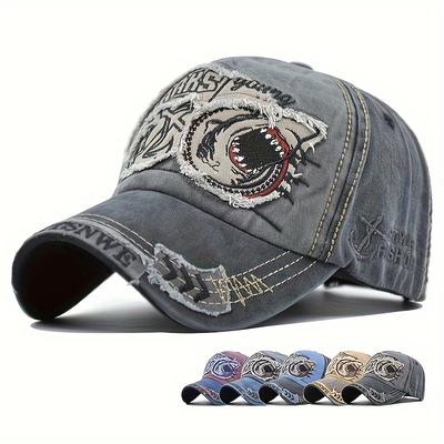 1pc, Vintage Baseball Cap, Denim Embroidered Shark 100% Cotton Trucker Hat, Retro Frayed Edge Sunhat Outdoor Cap