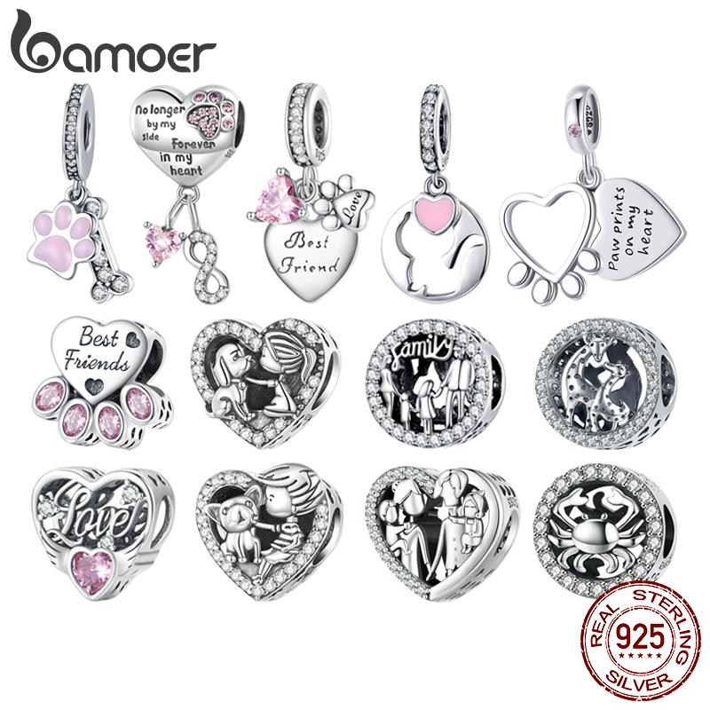 Bamoer Argent 925 Zircon Rose Pendentifs Patte d'Animal Breloques Forme de Cœur Perles Chien pour Bracelet et Collier Femme DIY SCC2434