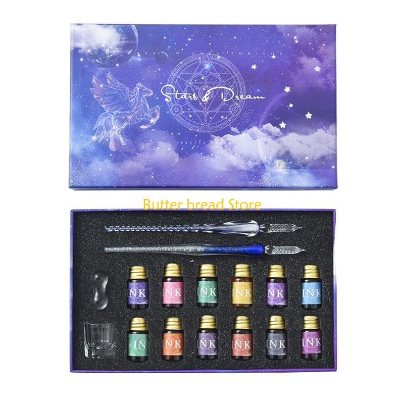 

W89C 16 Pcs Gradient Glass Pen Gift Set Glitter Dip Pen with 12 Colors for Child