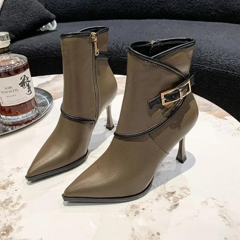 Autumn and Winter Vintage Fabric Splicing Pointed Side Zipper with Fine Heel Belt Buckle Fashion Short Boots for Women  34-40