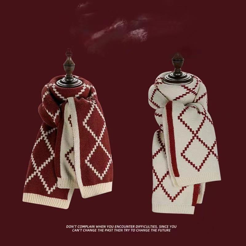 Red Scarf Women's Winter Versatile Premium Sense China Red Checked Destiny Women's Winter Scarf Christmas New Year