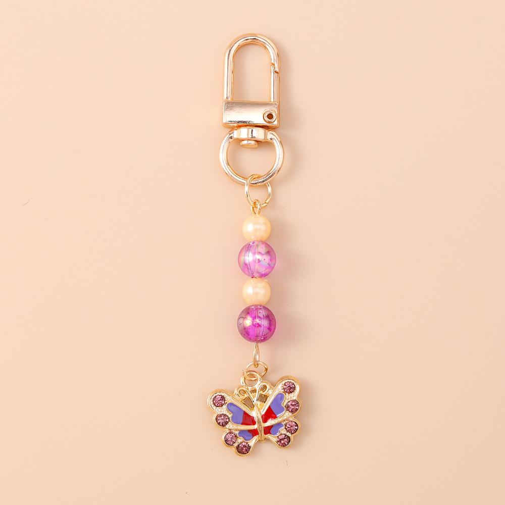 Cute Enamel Flower Butterfly Keychain Women Girls Beads Pearl Key Ring Pendants for Handbag Decor DIY Handmade Jewelry Gifts