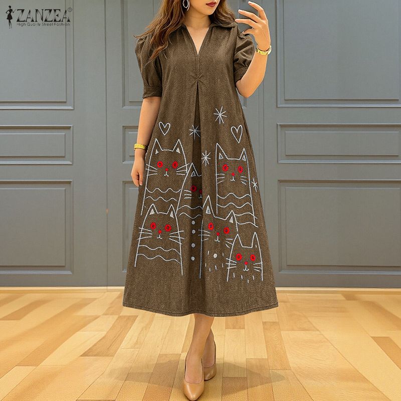 ZANZEA Women Casual V-Neck Summer Short Loose Print Dress