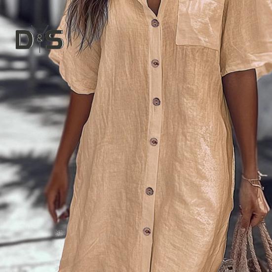 Dámská košile s klopami, krátkým rukávem, ležérní, dojížděcí styl, jednobarevná, volného střihu, knoflíková léga, pracovní košile