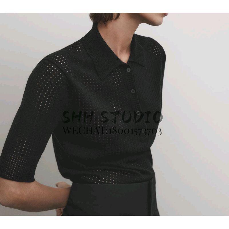 MD Spring New French Normcore Commute Style Hollow-out Short Polo Sweater with Short Sleeves Knitwear 5609620