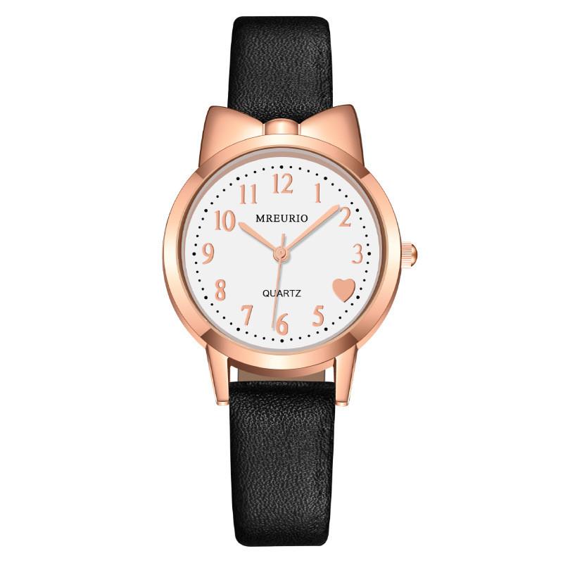 Youth Girl Quartz Wristwatch With Heartshaped Dial And Leather Strap For Kids Black