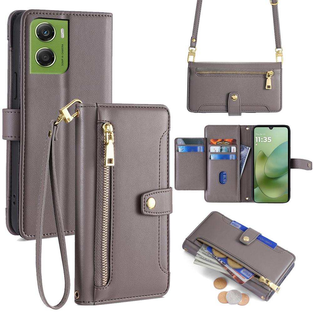 For Motorola Moto G06 4G Leather Case Zipper Pocket Wallet Phone Cover with 2 Straps